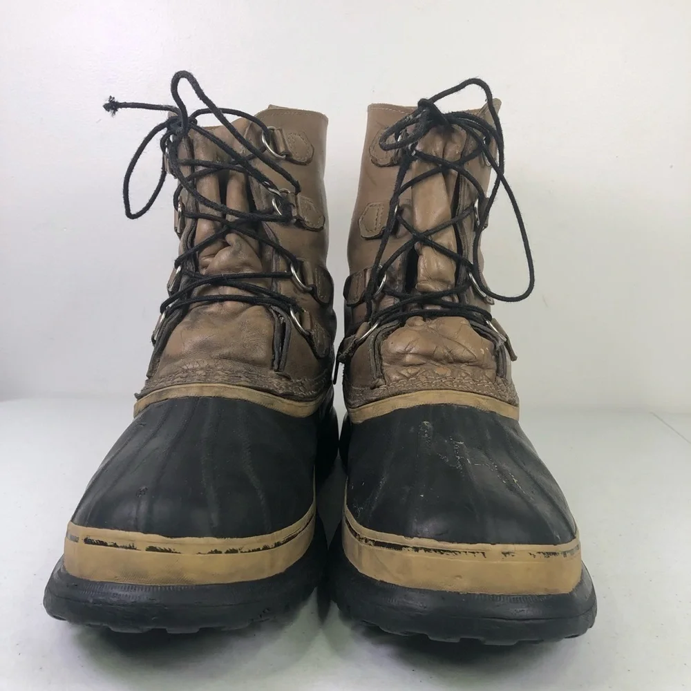 Sorel Caribou Tan Black Leather Rubber Lace Up Boots